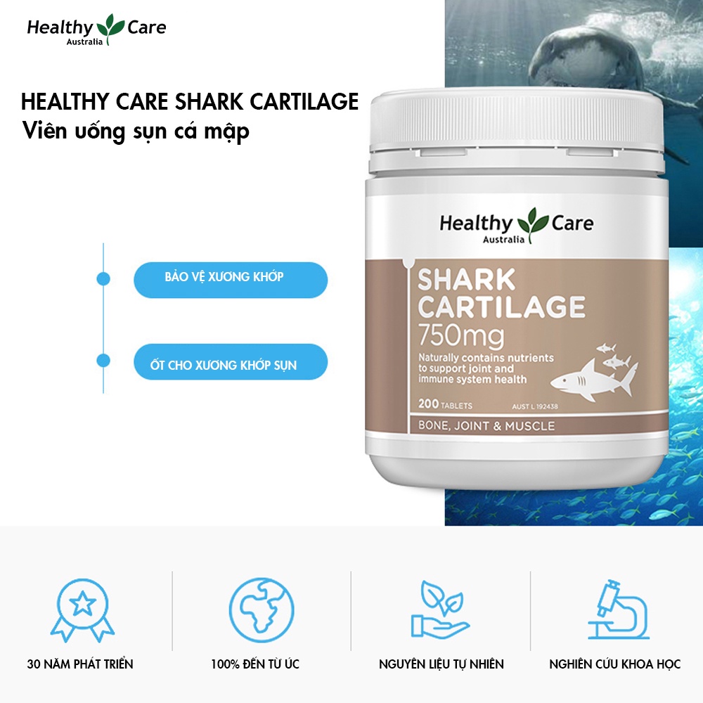 Viên uống sụn vi cá hỗ trợ xương khớp Healthy Care Shark Cartilage 750mg 200 viên