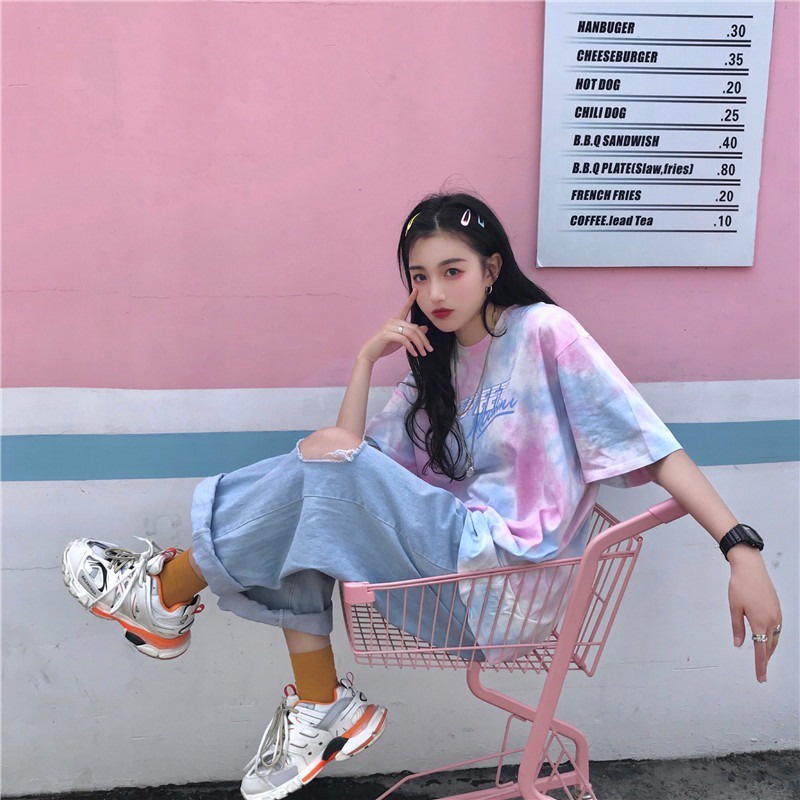 Áo Thun Ngắn Tay Nhuộm Màu In Chữ Phong Cách Harajuku Mùa Hè Mới Cho Nữ