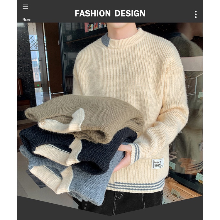 Áo len nam cao cấp tay vá gấu cá tính, Áo len nam phối màu trẻ trung thời trang hàn quốc -1996 BLUE