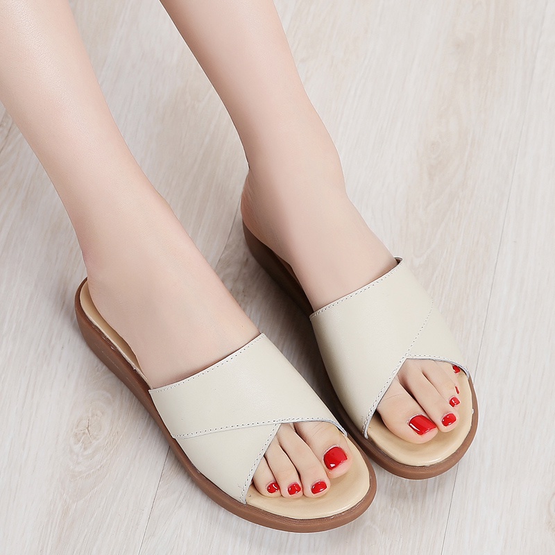 Dép Sandal Xỏ Ngón Đế Xuồng Bằng Da Thật Năm Màu Tùy Chọn Kích Thước 35-41