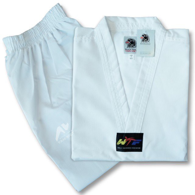 VÕ PHỤC TAEKWONDO SỌC CỔ TRẮNG CAO CẤP BLACK EAGLE