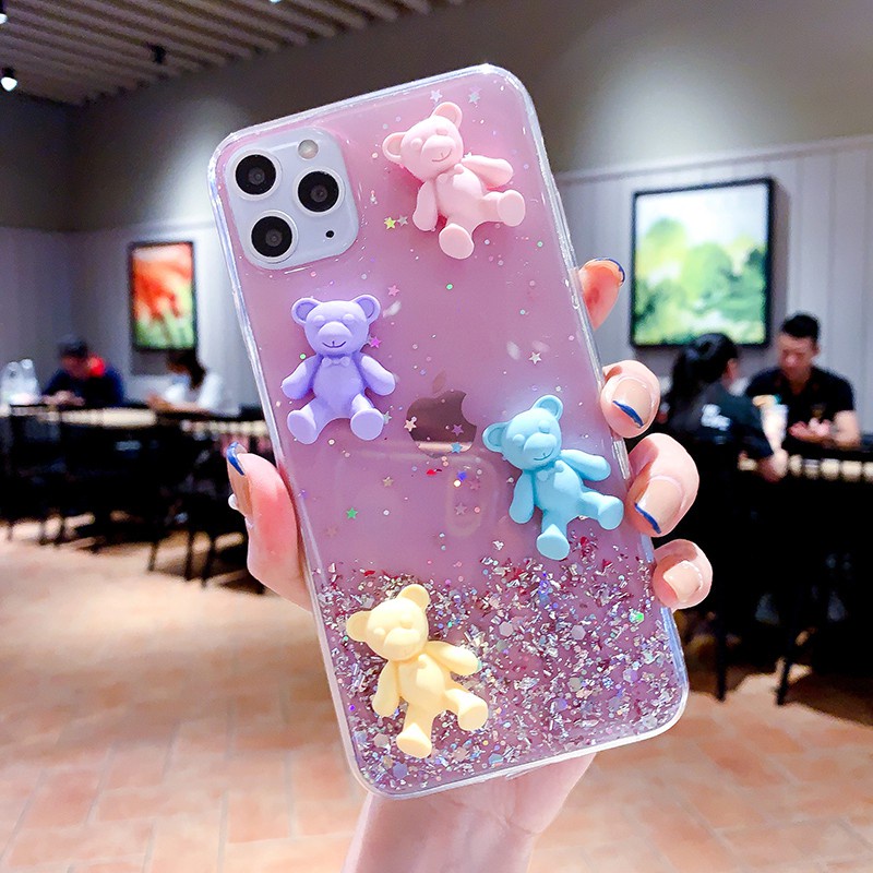 Samsung Galaxy A6 A8 J4 J6 Plus A7 A9 J8 2018 A750 J2 Prime J5 Prime J7 Prime Clear Cartoon 3D Bear Bling Soft Phone Case Back Full Cover