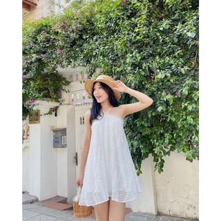 Váy đầm cổ yếm màu trắng dáng xòe freesize buộc dây tay rời mặc được 2 kiểu đi biển đi dạo phố