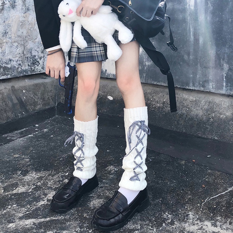 Cặp ống chân dệt kim giữ ấm đính nơ họa tiết sọc caro phong cách Nhật Bản cho nữ | BigBuy360 - bigbuy360.vn