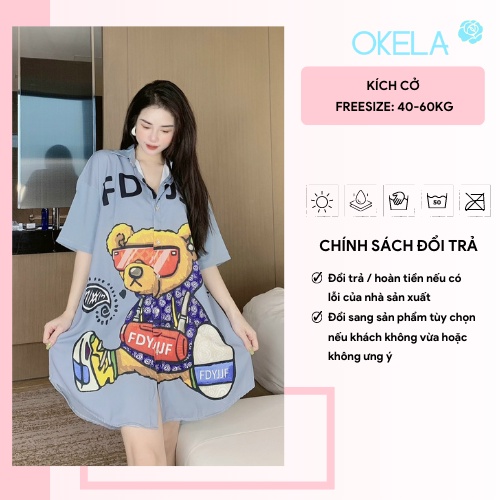 Váy sơ mi xuông dáng dài đầm ngủ mặc nhà dễ thương thiết kế xinh đẹp lụa ngủ cao cấp OKELA MO | BigBuy360 - bigbuy360.vn