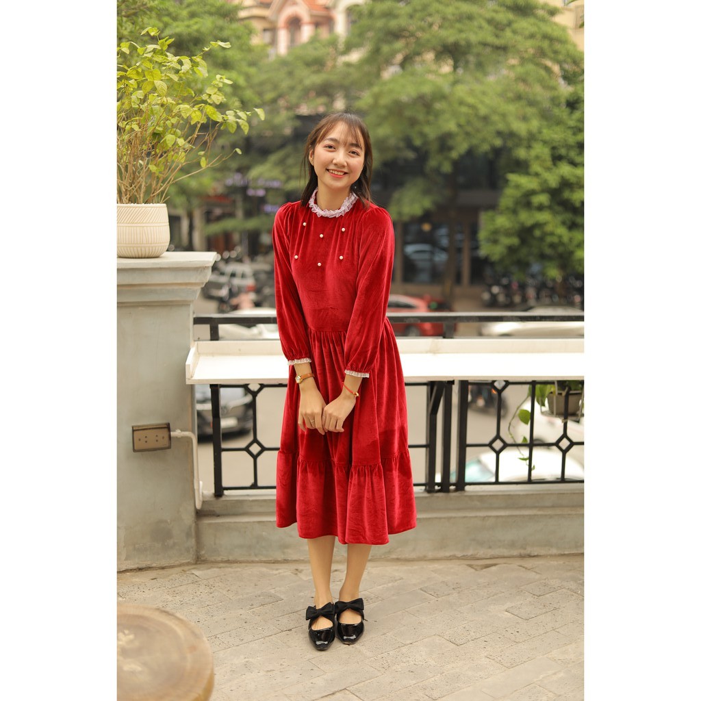 Váy nhung baby viền ren phối cúc ngọc