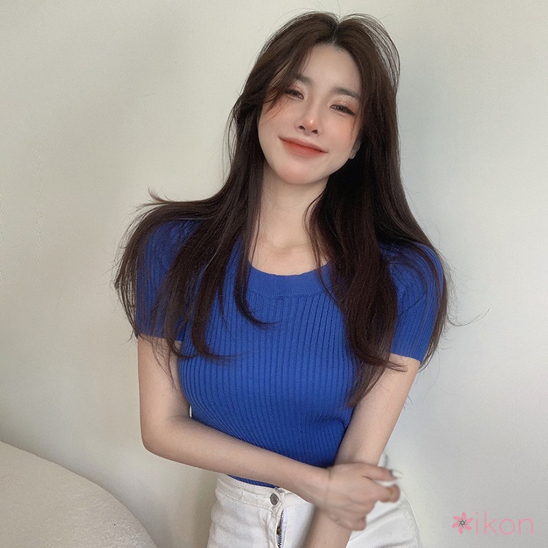 Áo Thun Dệt Kim Tay Ngắn Cổ Tròn Dáng Ôm Thời Trang Cho Nữ