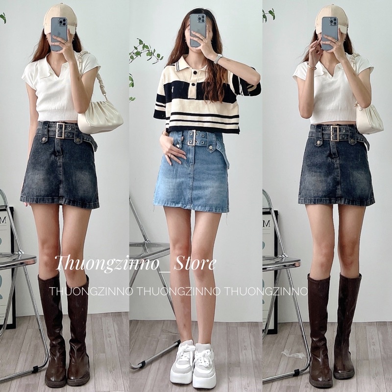 [Ảnh thật/Video] Chân váy jean kèm đai to Lưng Cao Form Ôm Kiểu Dáng Hợp Thời Trang Chân vây bò