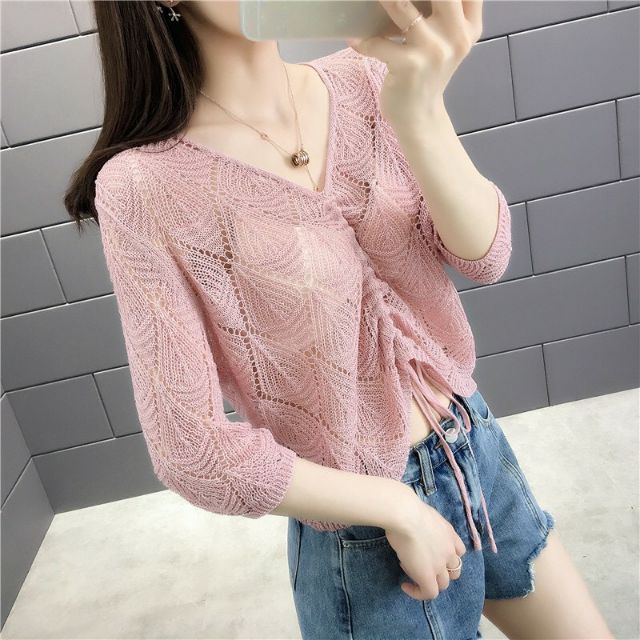 Áo len nữ mỏng croptop rút dây - DTH