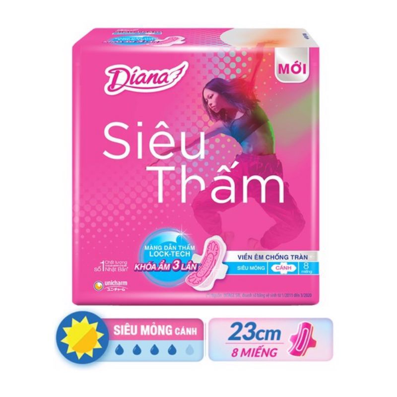 Băng vệ sinh Diana Siêu Thấm Siêu mỏng có cánh 23cm 8 miếng