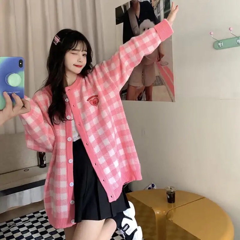 Khoác Len Cardigan Hình Trái Tim | Áo Cardigan len cổ tròn mềm mịn họa tiết kẻ caro hot trend xinh xắn