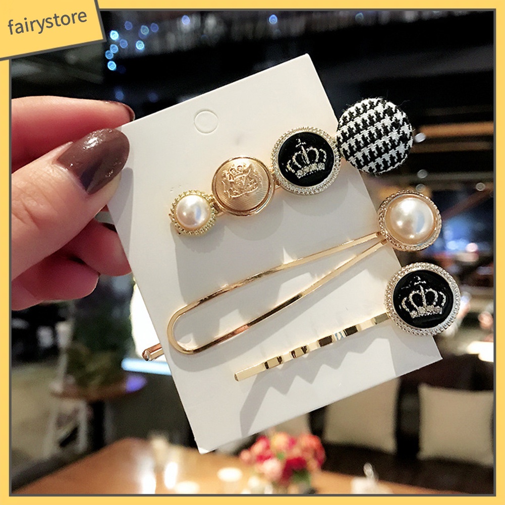 Set 3 kẹp tóc hình vương miện / ngọc trai giả thời trang