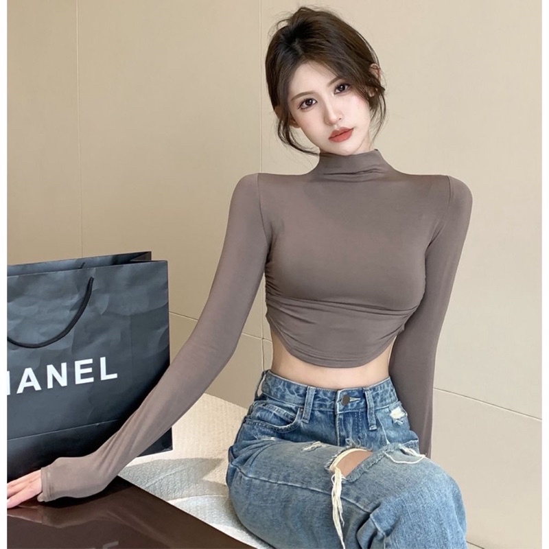 ÁO CROPTOP CỔ LỌ TÀ V TAY DÀI THU ĐÔNG