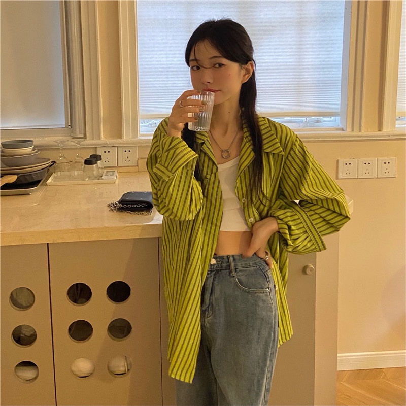 SUXI Áo Sơ Mi Nữ Dài Tay Họa Tiết Kẻ Sọc Thời Trang