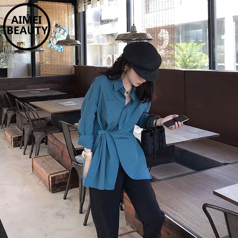 Áo sơ mi lệch tà phong cách retro mới mùa xuân thu AIMEIBEAUTY 2021 cho nữ
