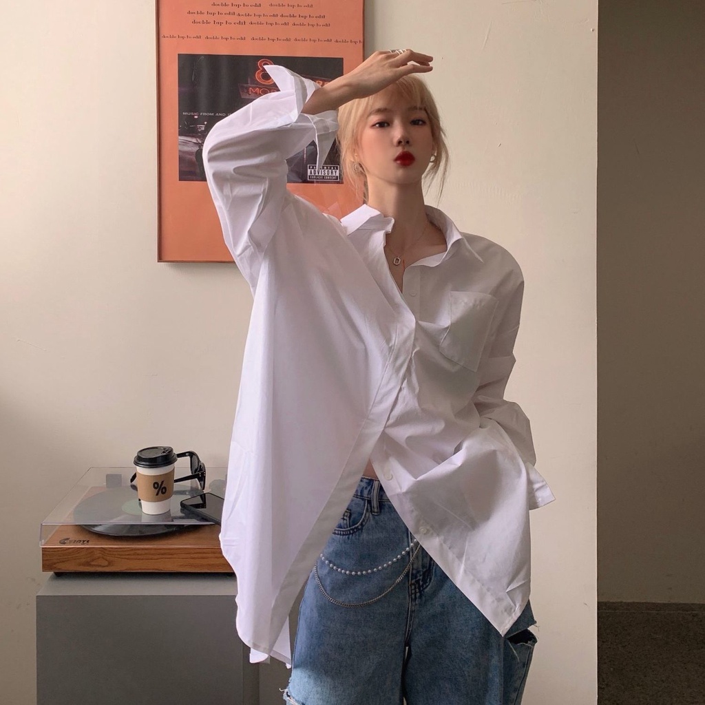 Áo Sơ Mi Trắng Dáng Rộng Dài Vừa Hai Lớp Phía Trước Và Sau Thiết Kế Cảm Giác Thời Trang Hàn Quốc Cho Nữ