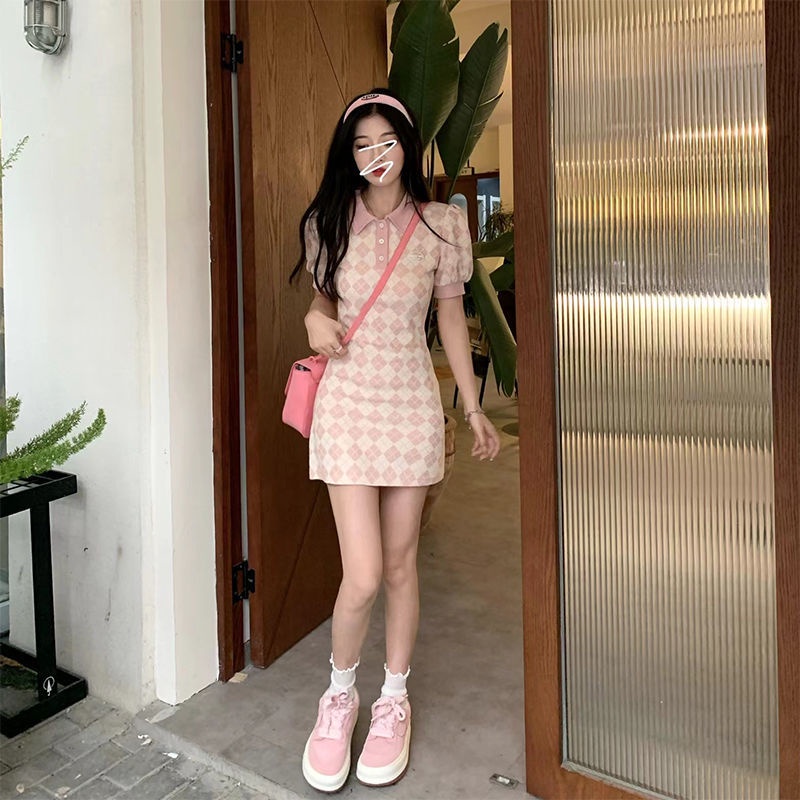 COZOK Đầm Tay Ngắn Cổ polo Họa Tiết Hình Thoi Hợp Thời Trang