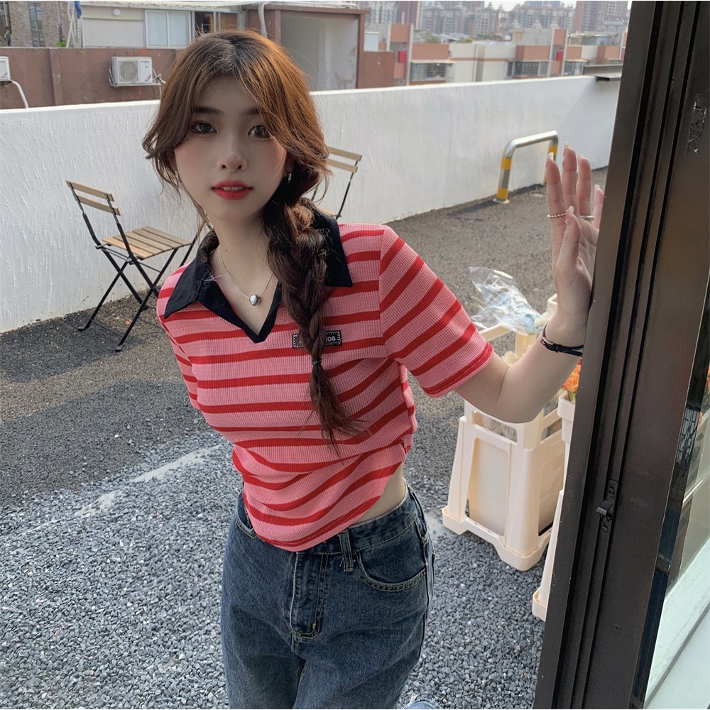 Áo thun POLO ZHELIHANGFEI dệt kim tay ngắn kẻ sọc thiết kế trẻ trung cá tính cho nữ