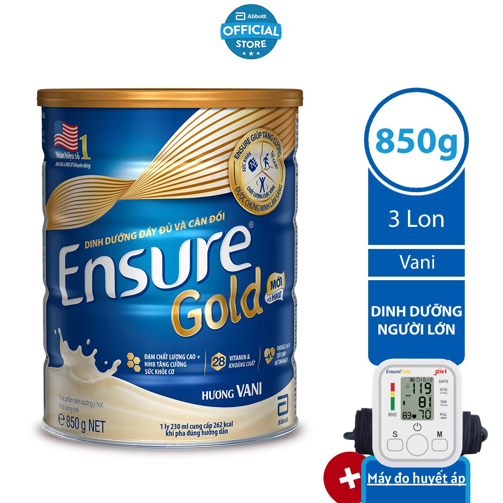 [Tặng máy đo huyết áp] Bộ 3 lon sữa bột Ensure Gold Vani 850g/lon