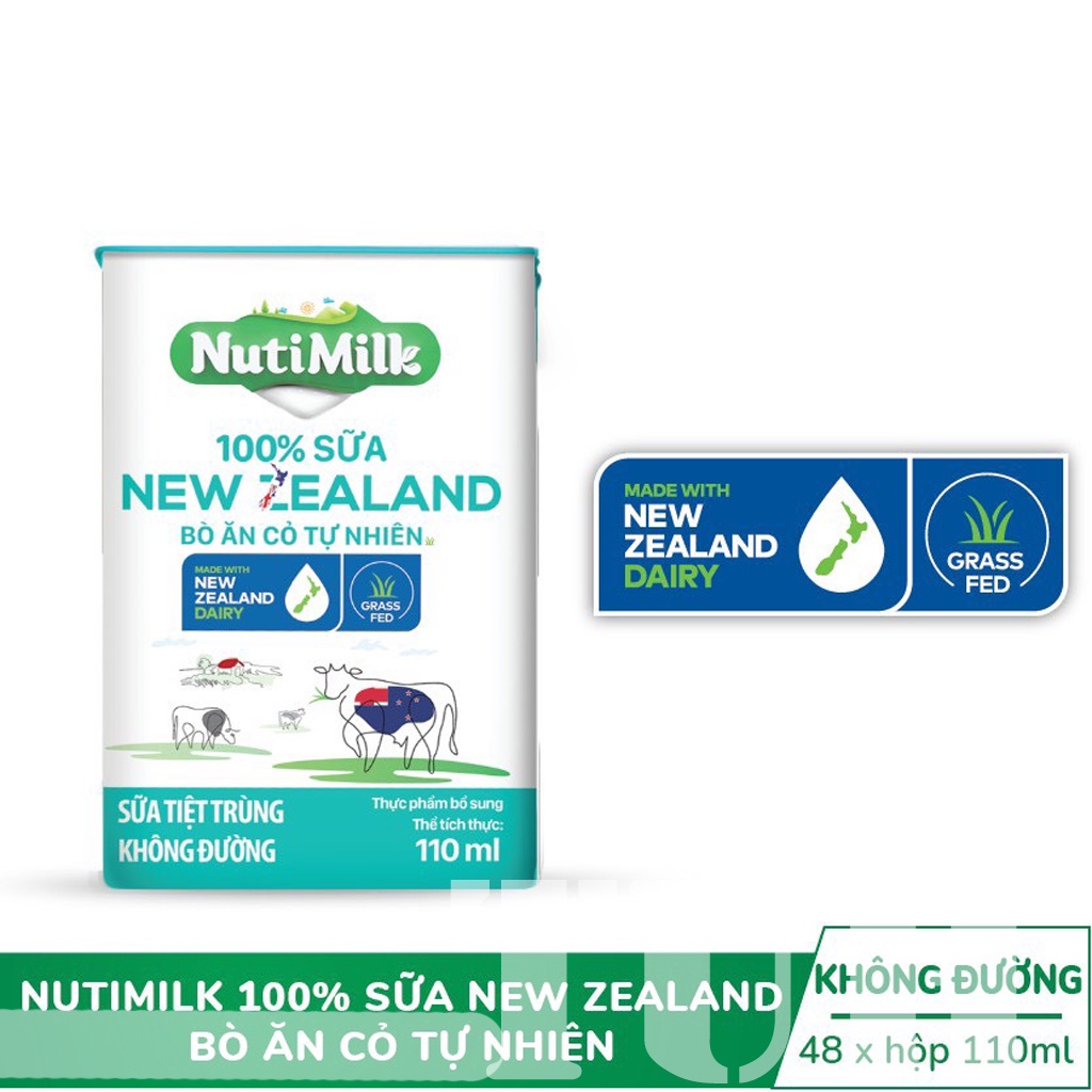 Thùng 48 hộp Sữa không đường New Zealand Nuti Bò ăn cỏ tự nhiên Không đường