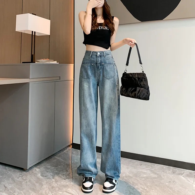 Quần Jeans Ống Rộng Lưng Cao Phong Cách Retro Cho Nữ