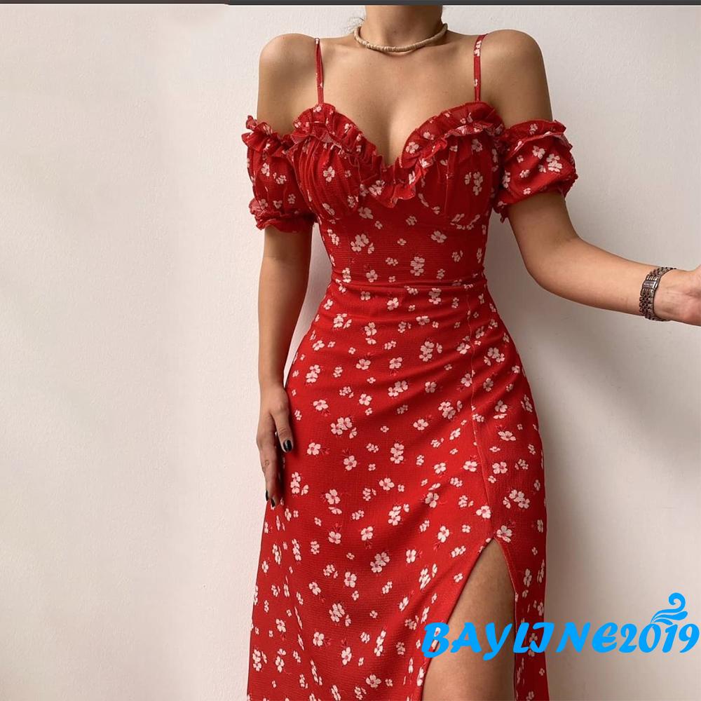 BAY-Women’s Casual Suspender Short Sleeve Dress Fashion Floral V-neck Split Mid-length Dress