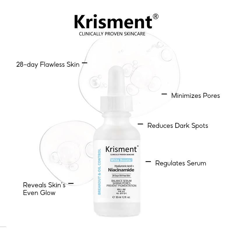 Bộ serum Krisment chứa acid hyaluronic + niacinamide + acid azelaic giảm mụn trứng cá và sẹo mụn làm sáng da 30ml