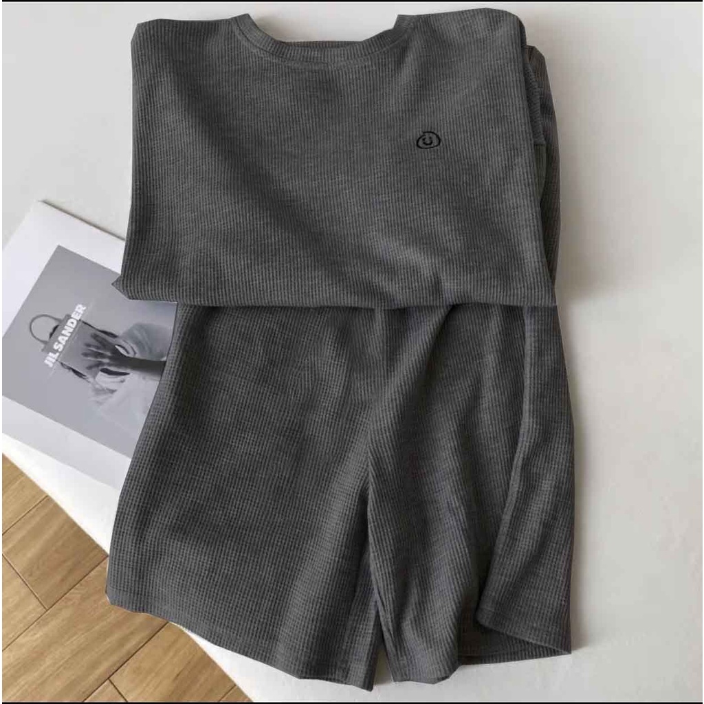 Bộ Tổ Ong Dài Tay Thêu Mặt Cười PEONYB Unisex [FREESHIP] Set quần sooc kèm áo thun dài tay form rộng kiểu dáng hàn quốc