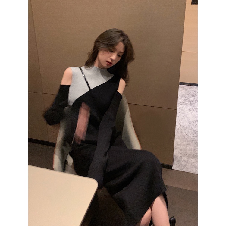 Đầm midi SUXI cổ cao tay dài thiết kế hở vai phong cách Hàn Quốc thời trang mới