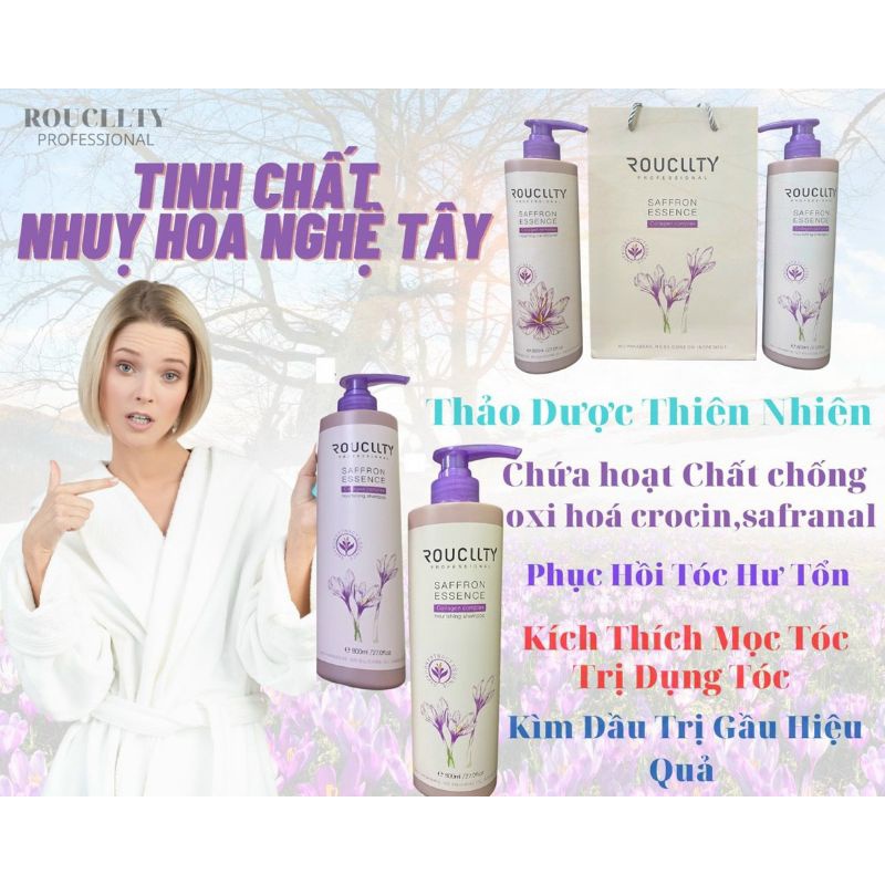 Dầu Gội Xả Thảo Dược Tinh Chất nghệ tây saffron ROUCLLTY HƯƠNG THƠM PHục hồi tóc chống rụng tóc dưỡng ẩm
