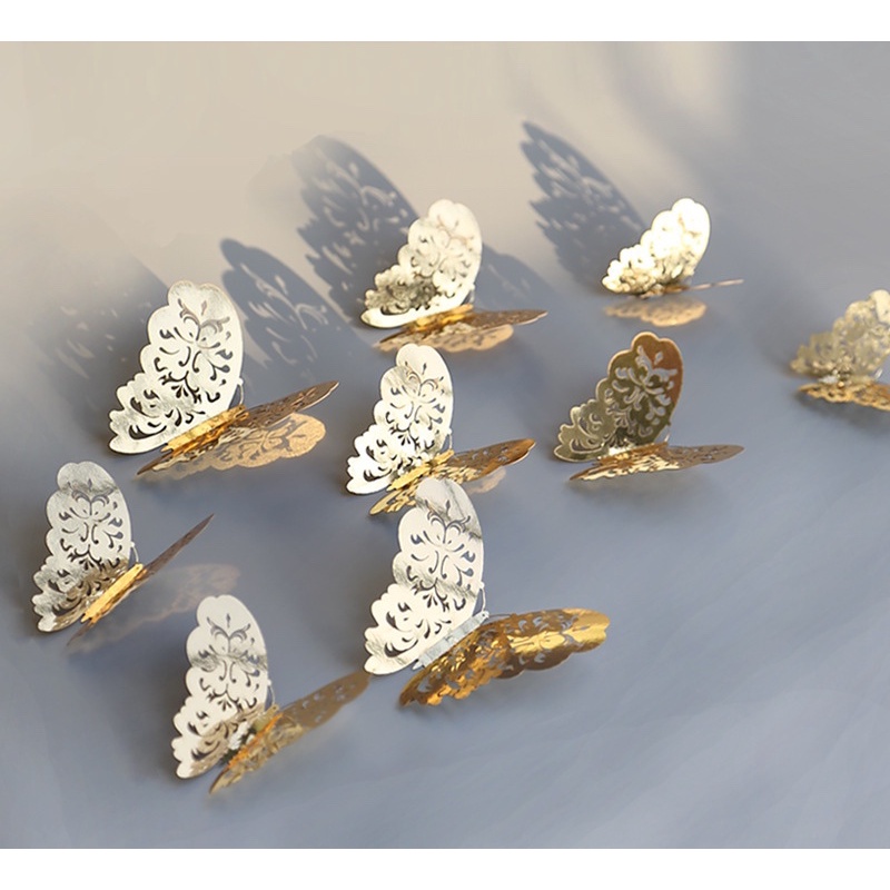 Set 12 mô hình bướm giả bằng kim loại dùng trang trí bánh kem,DÁN TƯỜNG