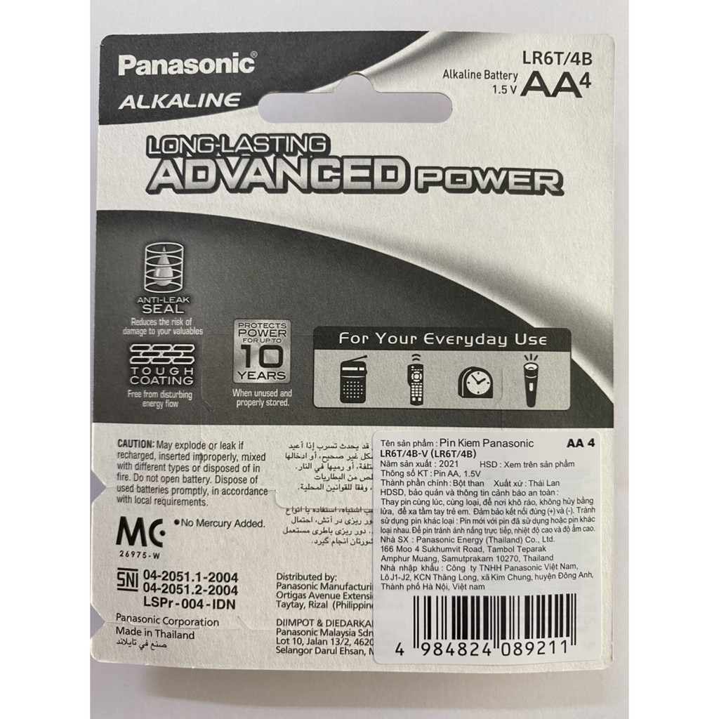 PIN AA PANASONIC ALKALINE VỈ 4 VIÊN LR6T 4B