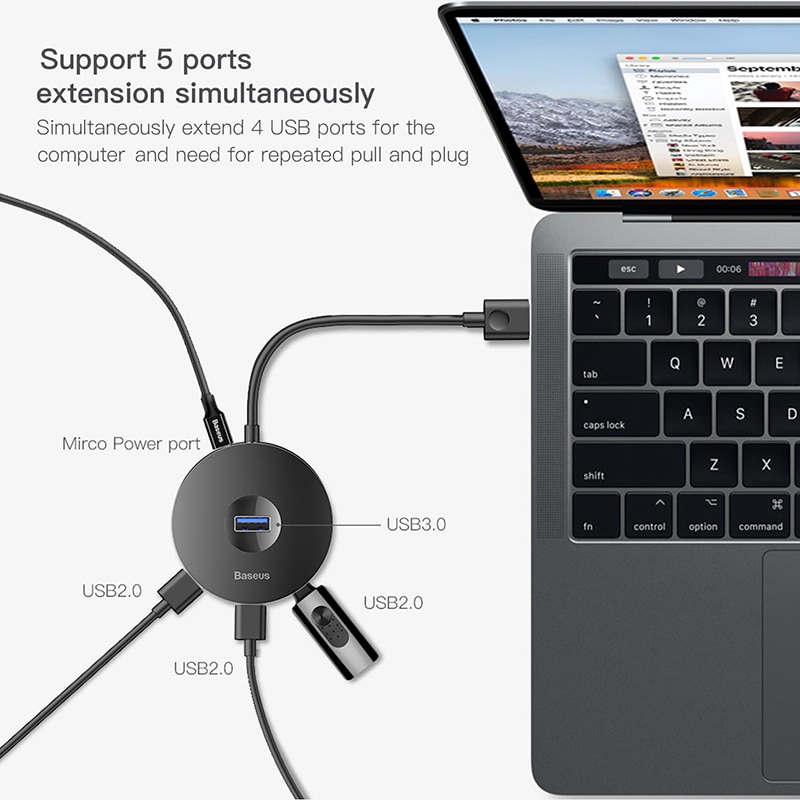 Adapter ổ cứng đa năng Baseus dành cho máy tính Macbook Pro USB 3.0 / Type C HUB sang USB3.0 + 3 USB2.0