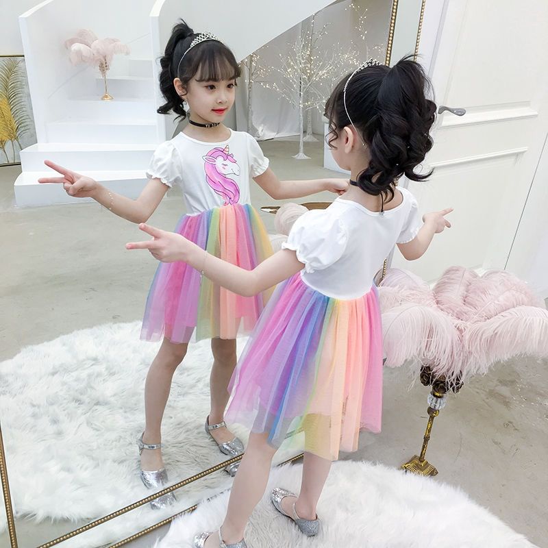 Váy cô gái váy cầu vồng mới cô gái nhỏ váy công chúa váy trẻ em