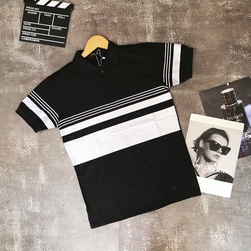 Áo Polo nam cao cấp cổ bẻ phối sọc ngang đen trắng form ôm dáng chuẩn đẹp chất thun lạnh cotton thoáng mát | BigBuy360 - bigbuy360.vn