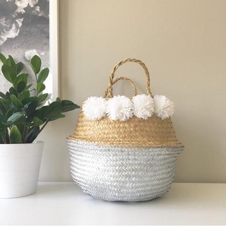 Sọt cói màu bạc , pom pom trắng size 35cm