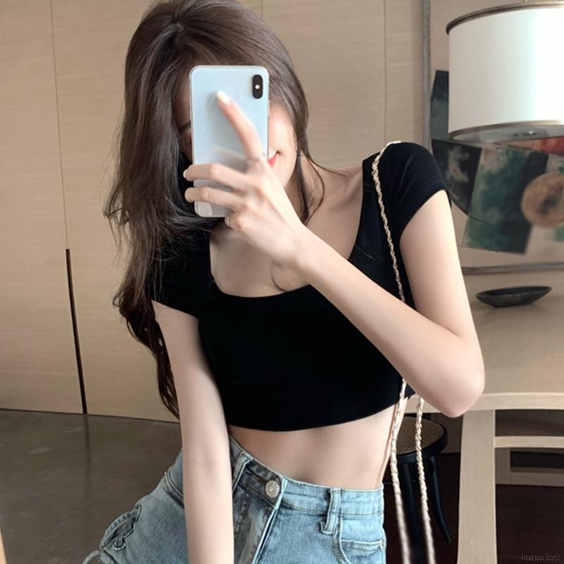 Áo Croptop Tay Ngắn Cổ Vuông Ôm Dáng Quyến Rũ Thời Trang Mùa Hè Cho Nữ