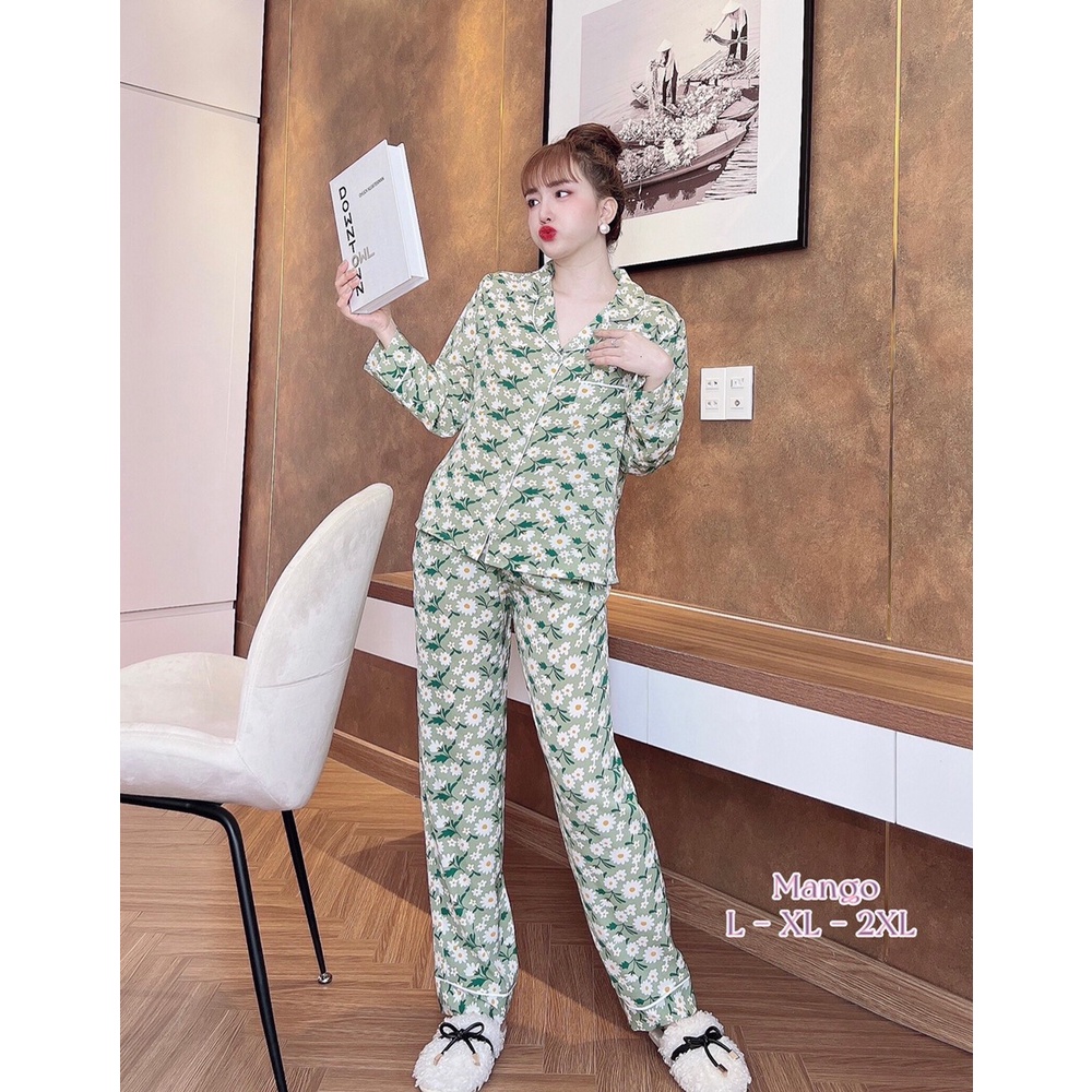 Bộ Pijama nữ Lụa Mango tay dài 💖 Đồ ngủ dài tay Bigsize 40-75kg cao cấp mềm mịn mát mịn cực sang
