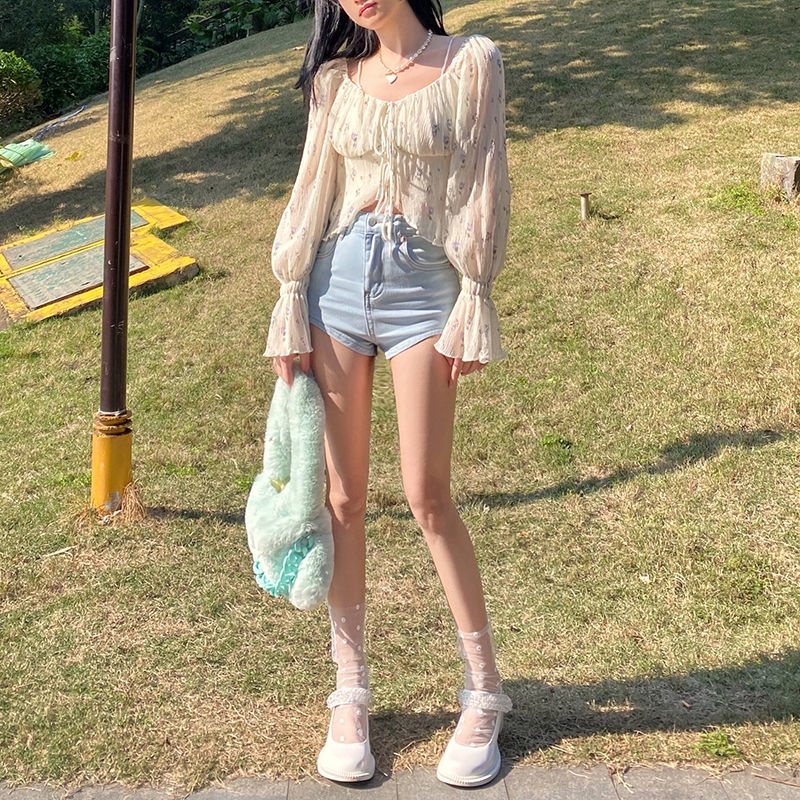 Jiashucheng Quần Short Denim Ngắn Lưng Cao Co Giãn Phong Cách Desire Cho Nữ