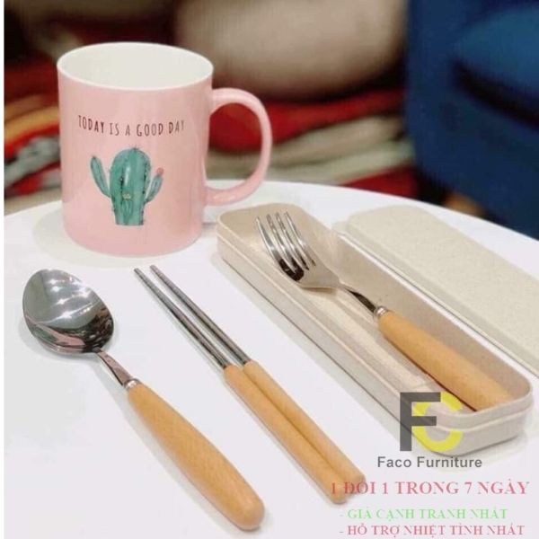 Bộ Đũa, Thìa, Dĩa Inox Cán Gỗ Tặng Kèm Hộp Đựng Lúa Mạch Cao Cấp an toàn với sức khỏe và môi trường