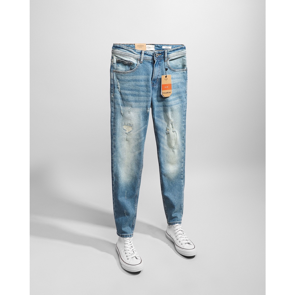 Quần Jean Nam Pullbear xanh wash ziczac (Form Slimfit,chất vải co dãn,ống quần 15-18cm,hàng VNXK) JPB0507 | BigBuy360 - bigbuy360.vn