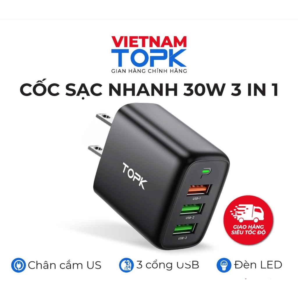 Cốc sạc nhanh 3 trong 1 TOPK B15 Sạc nhanh QC 3.0 công suất 30W 3 cổng USB có đèn LED báo đầy pin - Hàng chính hãng