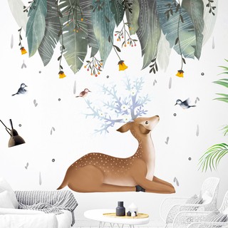 [MẪU ĐẸP] Decal dán tường hình hươu ngắm dàn lá cây hoa rủ cùng chim siêu đẹp, Tranh dán trang trí tường phòng ngủ, nhà