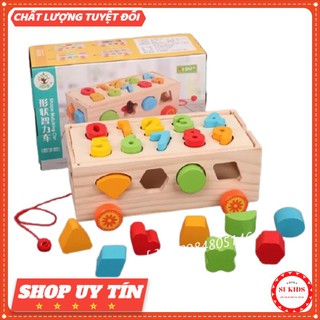 Đồ chơi gỗ thông minh xe kéo thả hình khối kết hợp số cao cấp