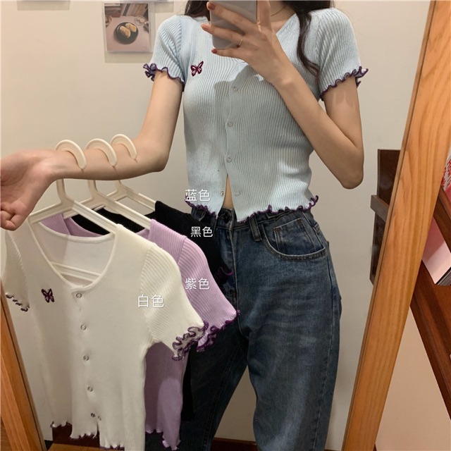 [ẢNH THẬT+VIDEO] Áo Croptop Len Mongini Viền Bèo Cúc Dọc Nhiều Màu