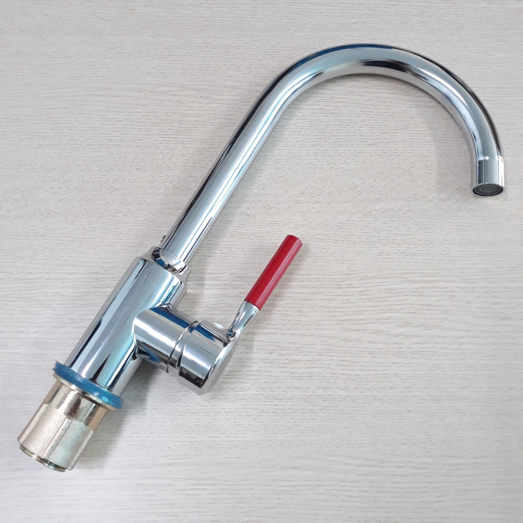 Vòi Rửa Chén Bát Nóng Lạnh Cổ Bi Inox 304 Thân Cứng Mạ Màu Bạc Với Cần Gạt Tròn Đỏ, Đầu Vòi Tạo Bọt, Chống Giọt Bắn