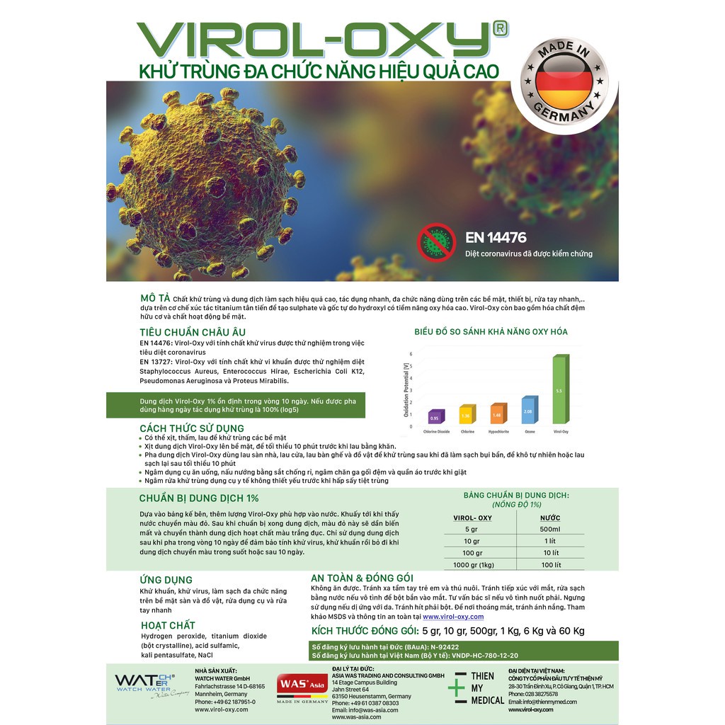 Dung dịch khử khuẩn, sát khuẩn Virol-Oxy, Đức - Chai xịt 500ml - Không mùi, an toàn
