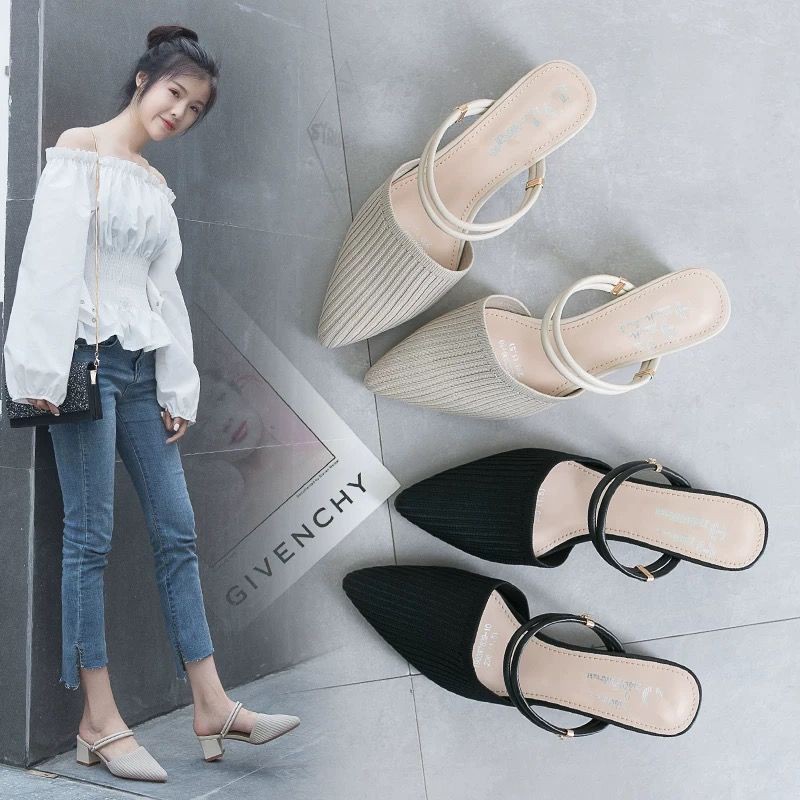 giày nữ cao dép đế cao dép gót giày cao dép cao từ giày sandal 7cm giày 7cm✔♦Sandals and slippers summer 2021 new small size pointy thick heel Shoes Baotou mid-heeled high-heeled plus spring women s