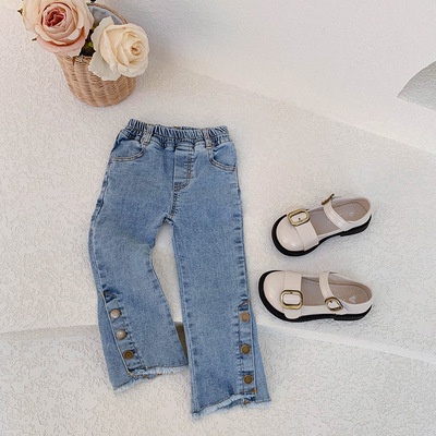 Quần jeans lưng thun ống loe phối túi dễ thương cho bé gái 3-8 tuổi