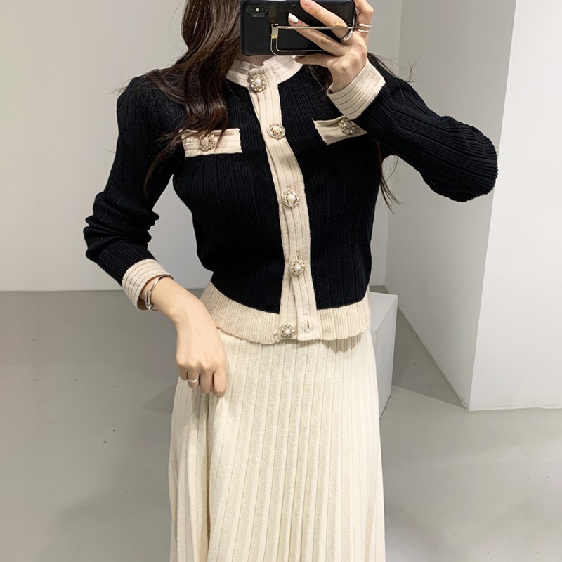 Set Áo Len Dài Tay Cổ Đính Ngọc Trai + Chân Váy Dài Lưng Cao Thời Trang Hàn Cho Nữ